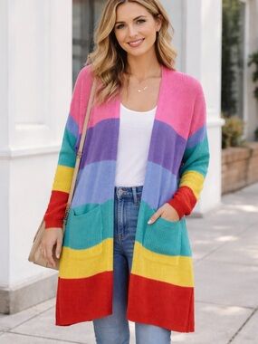 Main Strip Sweater Cardigan Women’s Medium Large Colorful Stripes Pockets Knit